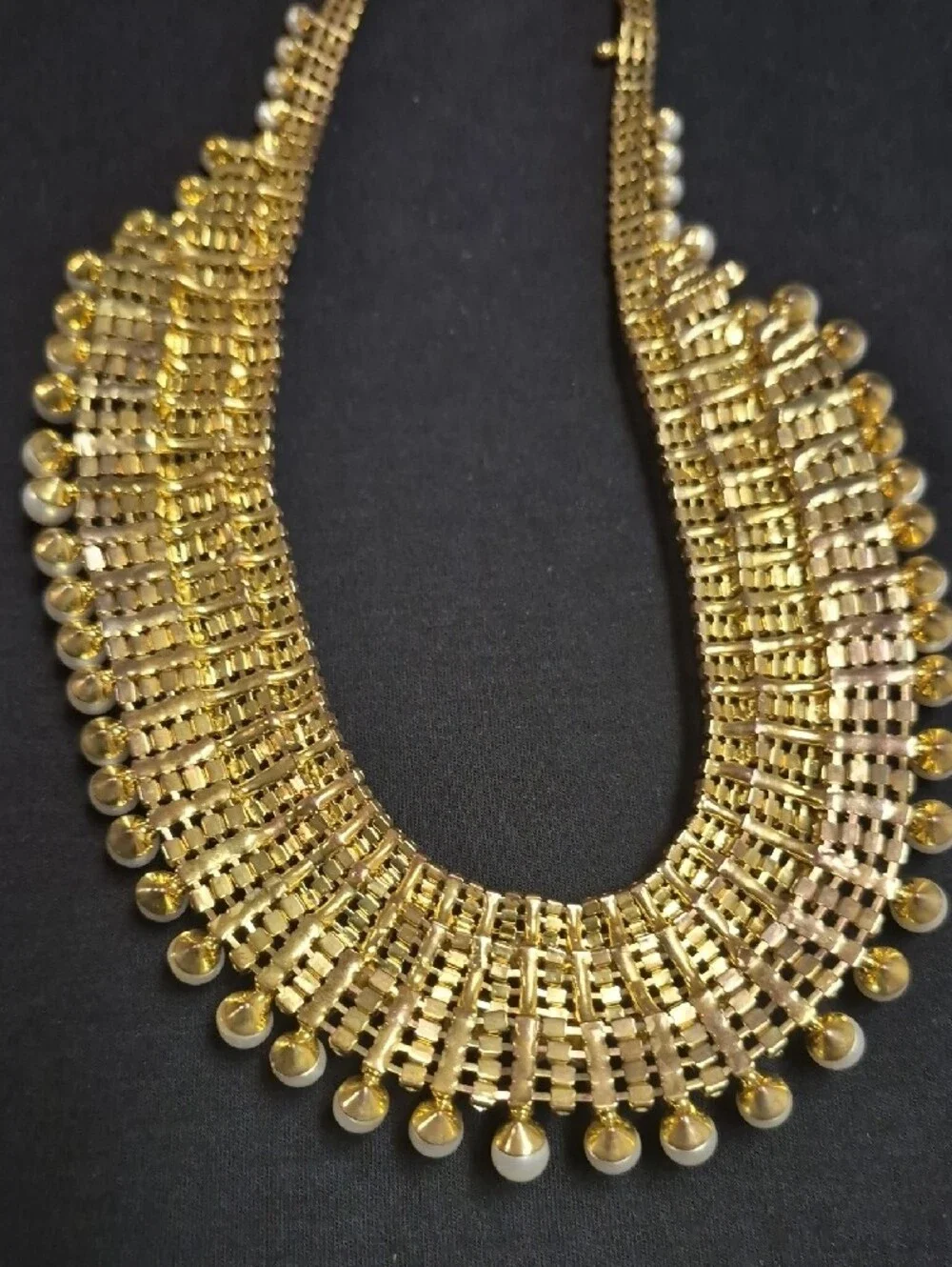 Gold Pearl Collar Necklace with Crystal Rows